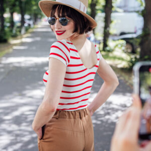 Bamboo tričko Rozálie s kr. rukávem červeno-smetanový proužek Velikost: M