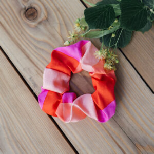 Bavlněná gumička scrunchie oranžovo - růžové kostky