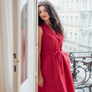 Lněné vestové šaty Madlen červené Velikost: XS