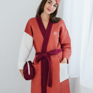 Wafflový župan cihlovo-vínovo-bílý Velikost: XL