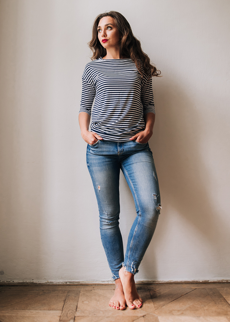 Balonové tričko Zina s 3/4 rukávem modrobílý proužek Velikost: L/XL