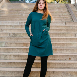 Šaty Lena tmavě zelené s dlouhým rukávem z biobavlny Velikost: M