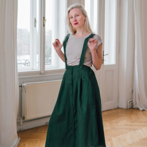 Lněná midi sukně Azora s kšandami zelená Velikost: XL