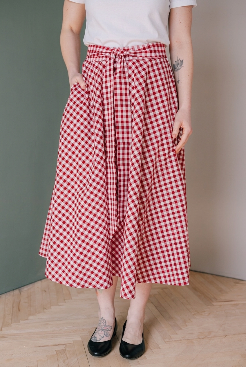 Červeno-bílá kostkovaná sukně Bibi midi Velikost: XL
