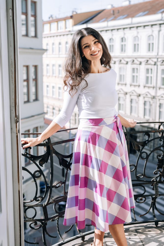 Sukně Bibi midi Fialovo-růžové kostky Velikost: S