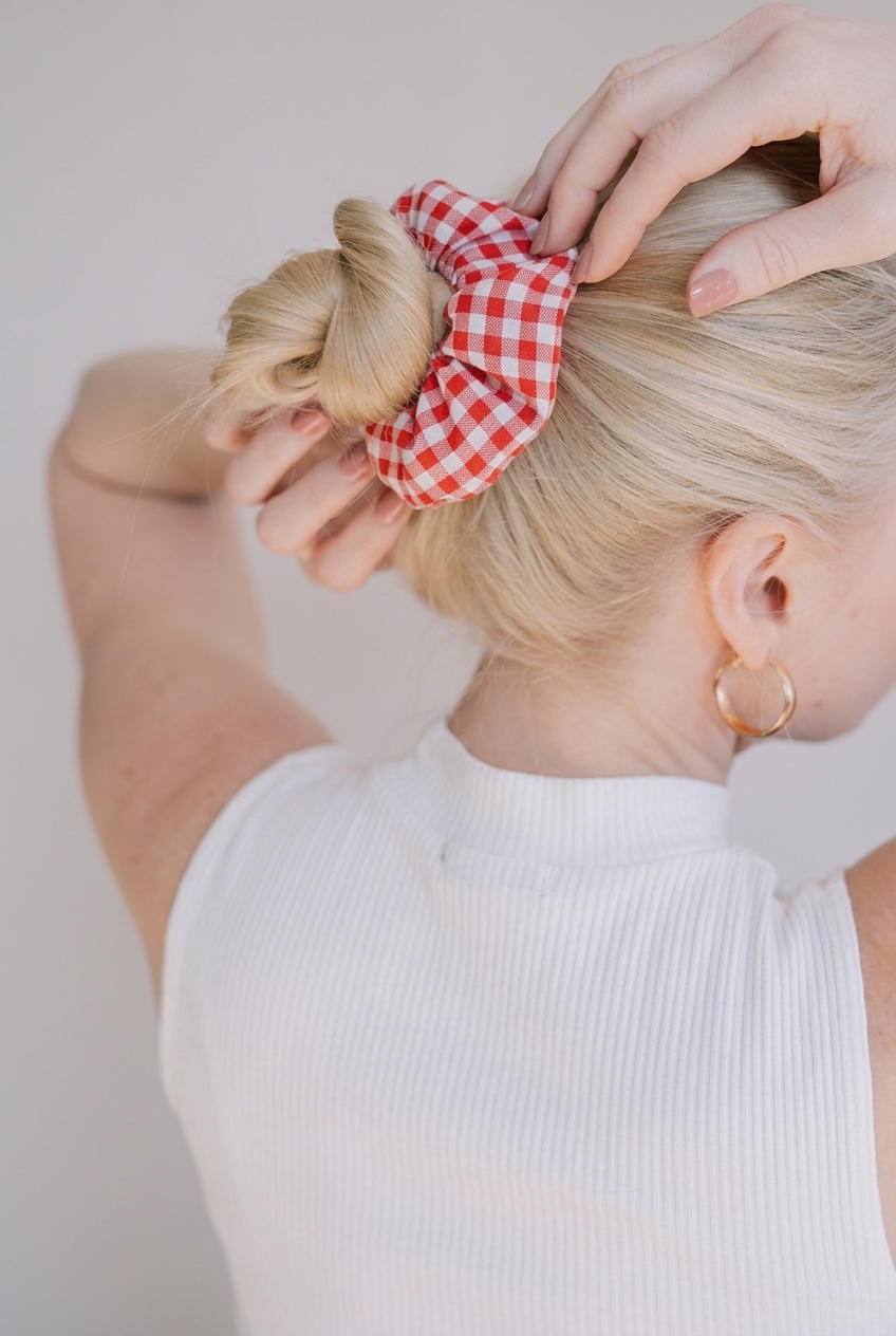 Bavlněná gumička scrunchie červeno-bílá kostka