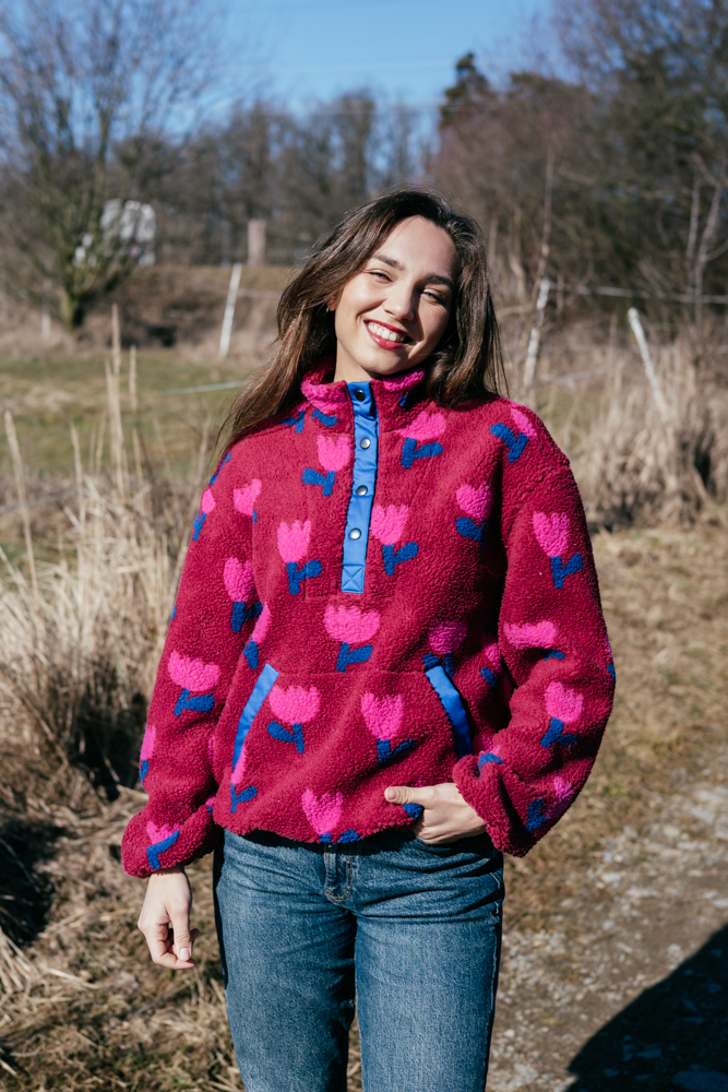 Beránková bunda Polly s tulipány vínová Velikost: L/XL