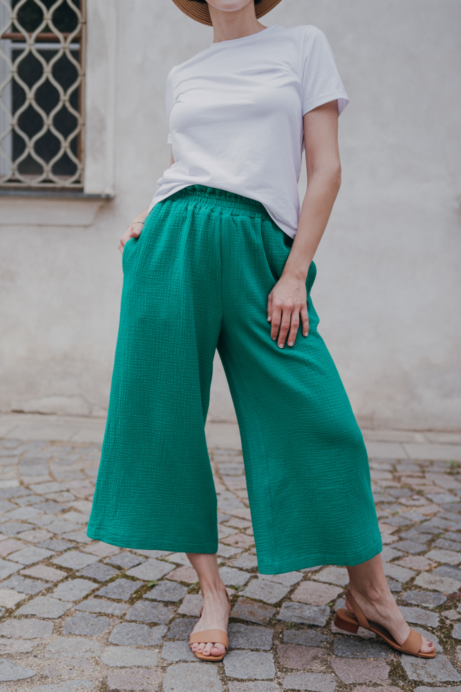 Mušelínové culottes Esme zelené Velikost: S