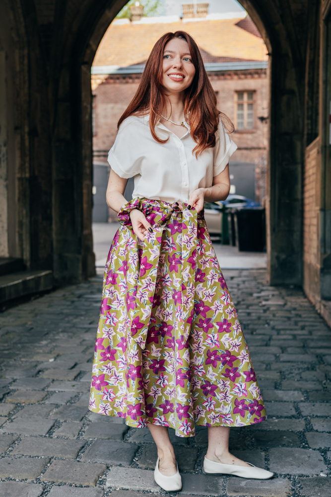 Sukně Bibi midi Zelená s fuchsiovými květy Velikost: XL